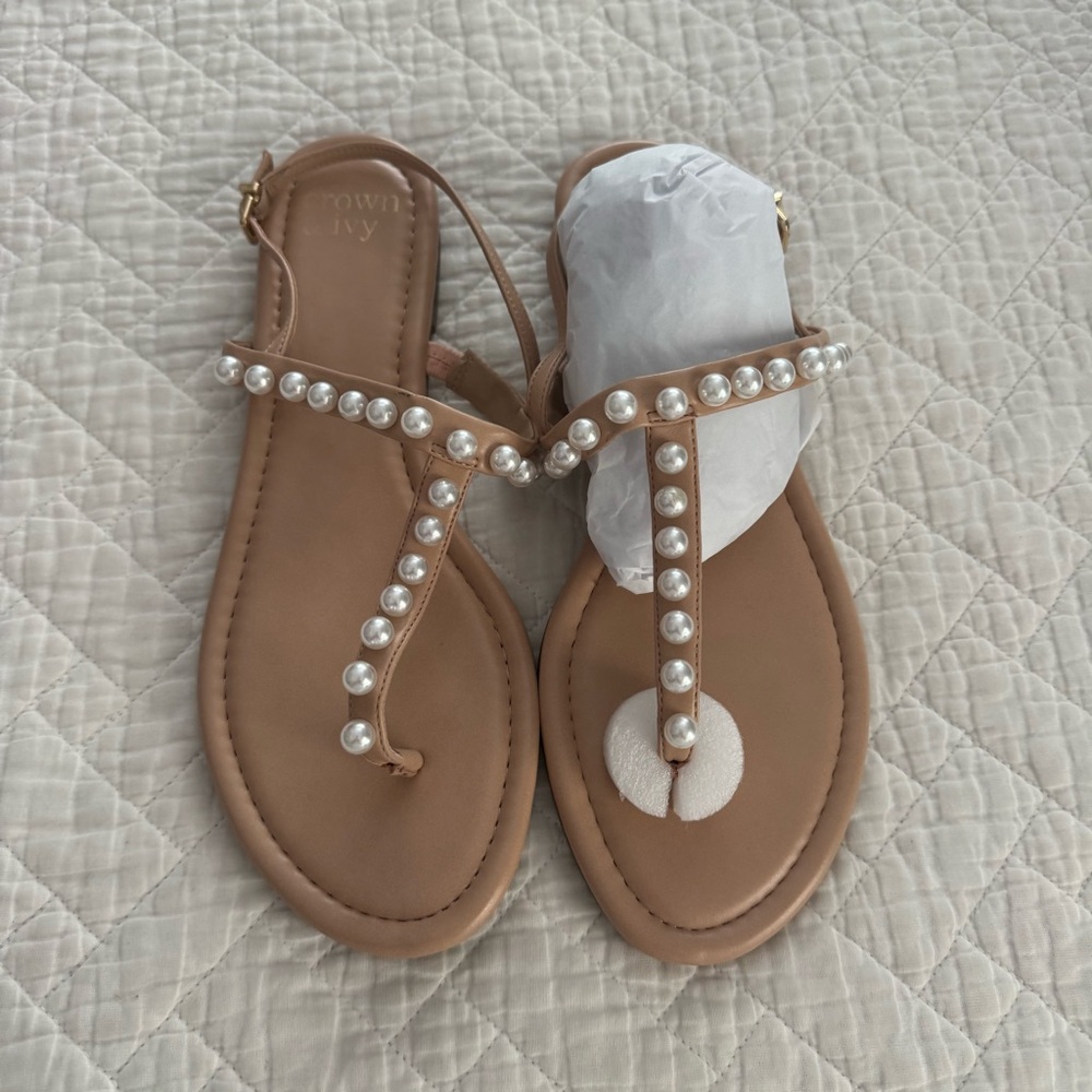 Crown & Ivy Women’s Hailey Tan Sandals with Pearl Embellishments